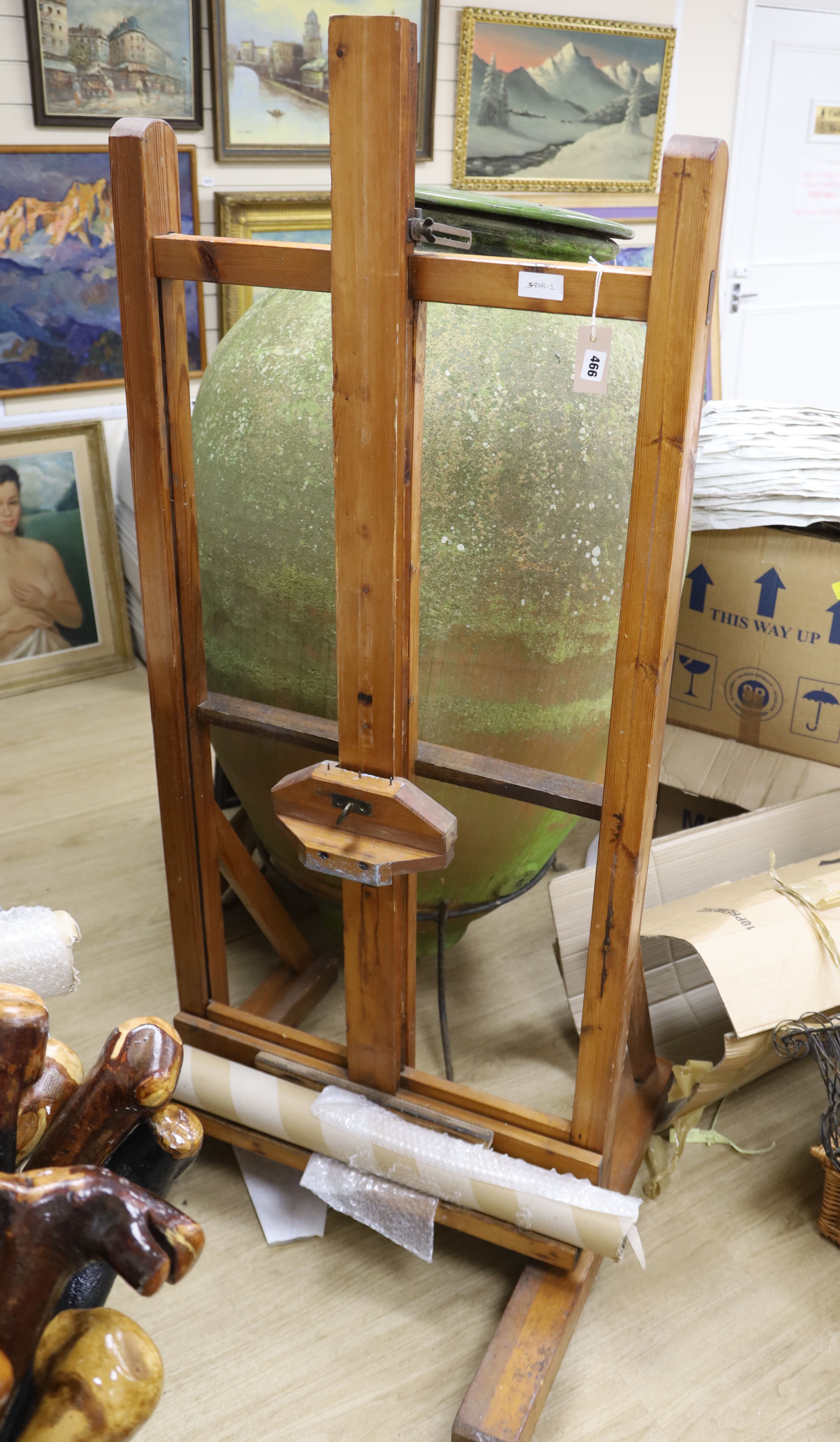 A wooden adjustable artists studio easel, from the studio of George Bissill (1896-1973), Four Ashes, Ashmansworth, Hampshire